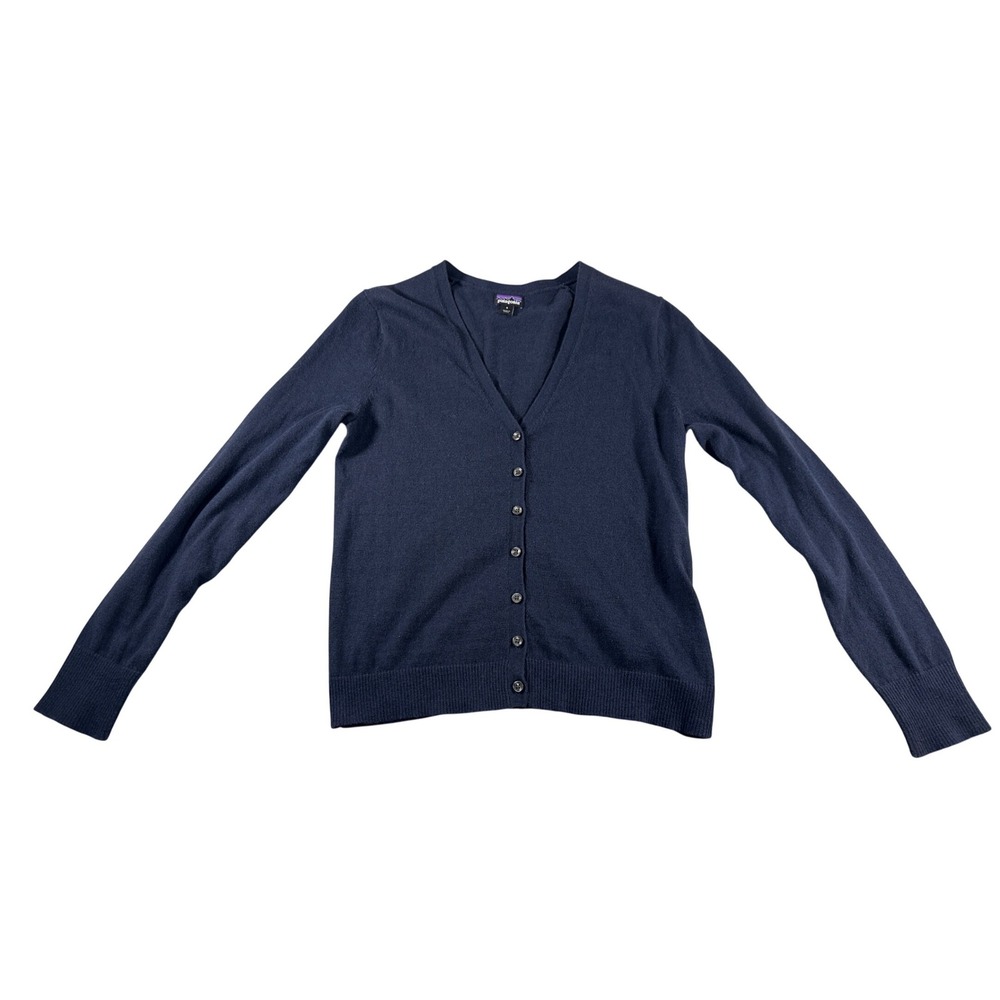 Patagonia Worn Wear Navy Blue Organic Cotton Blend V-Neck Cardigan Sweater Small